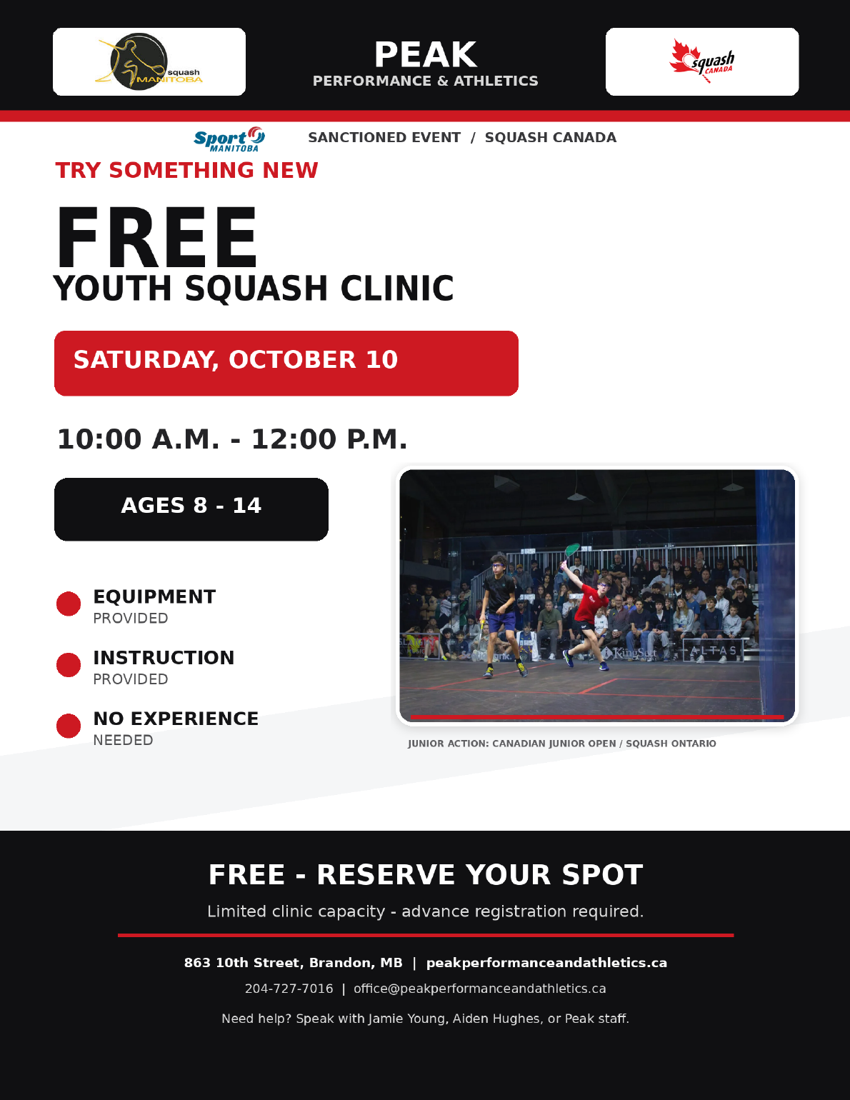 Peak free youth squash clinic poster for October 10, 2026