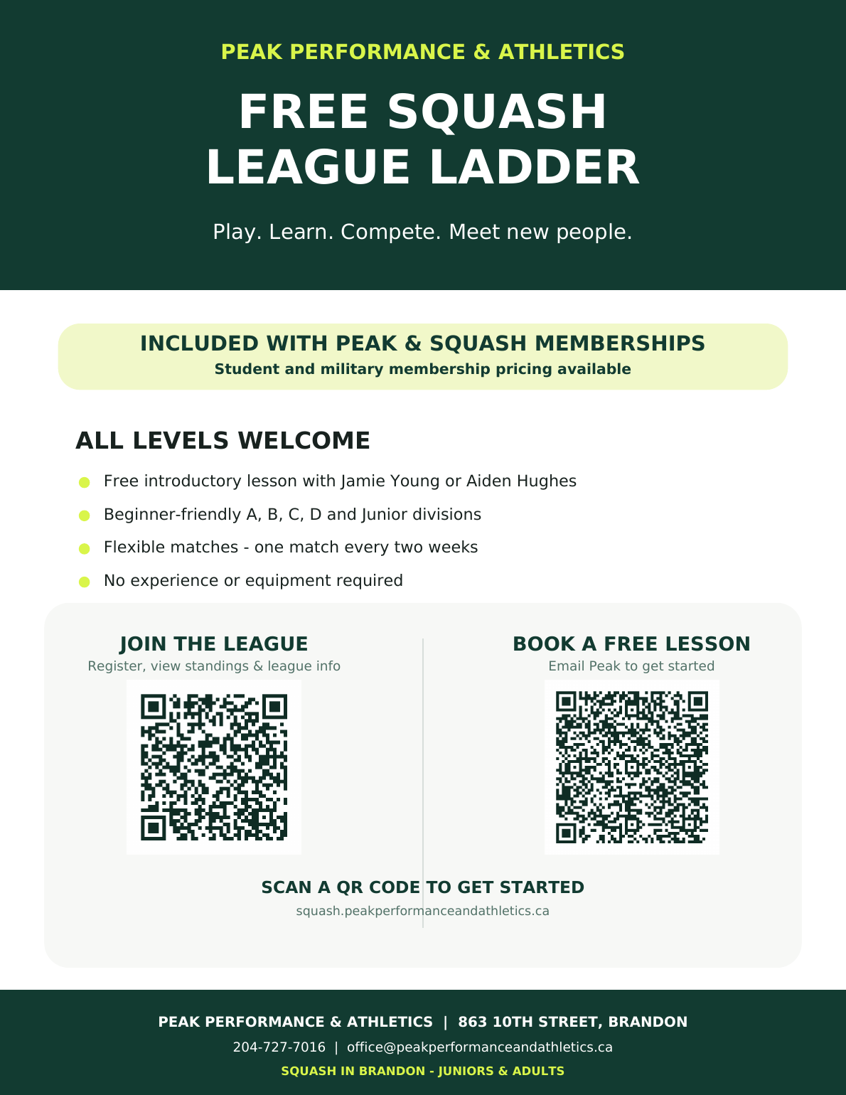Peak Performance free squash league ladder poster with registration QR codes