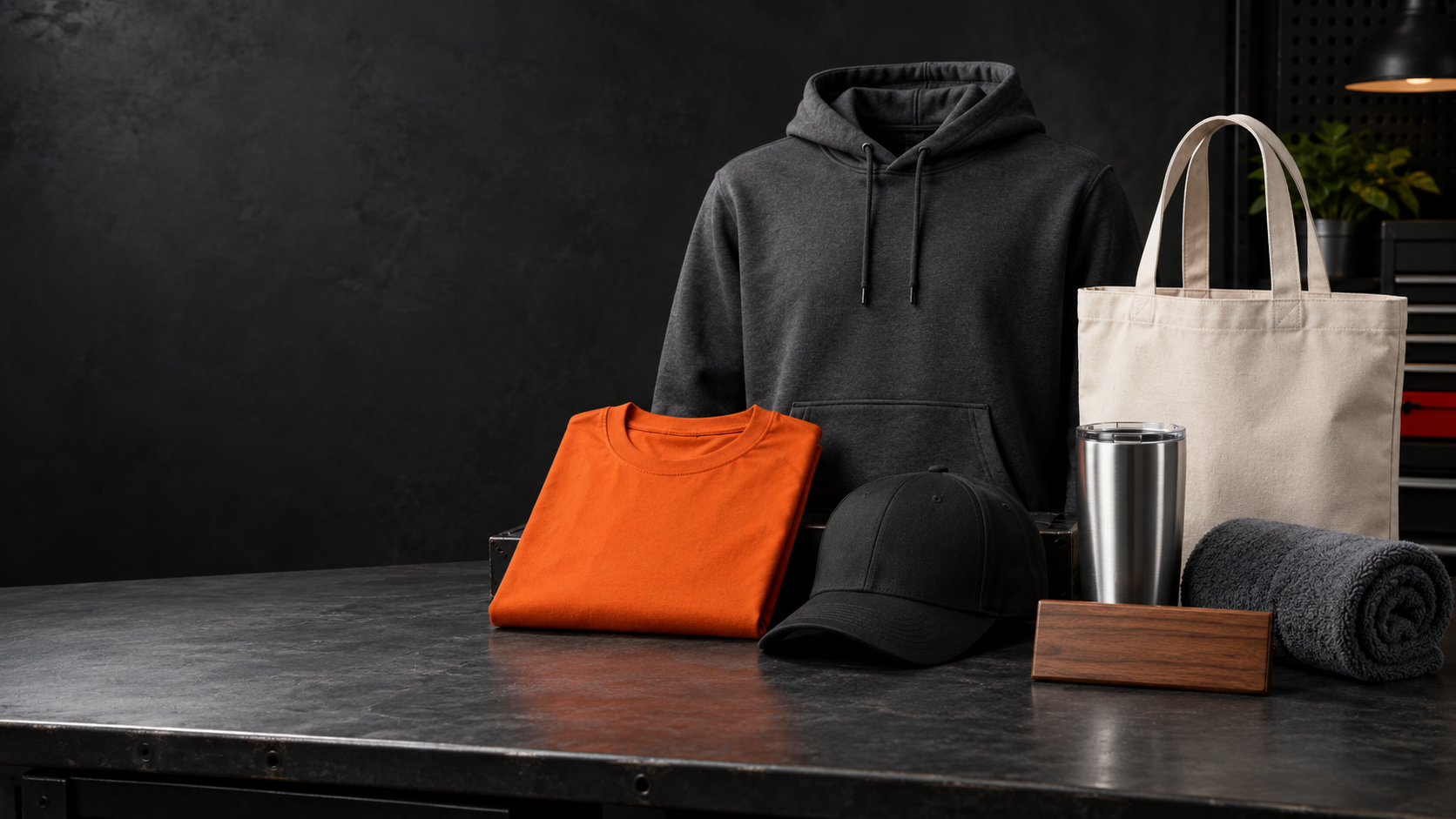 Blank custom apparel, hat, tote bag, towel, tumbler and engraved plaque arranged for decoration